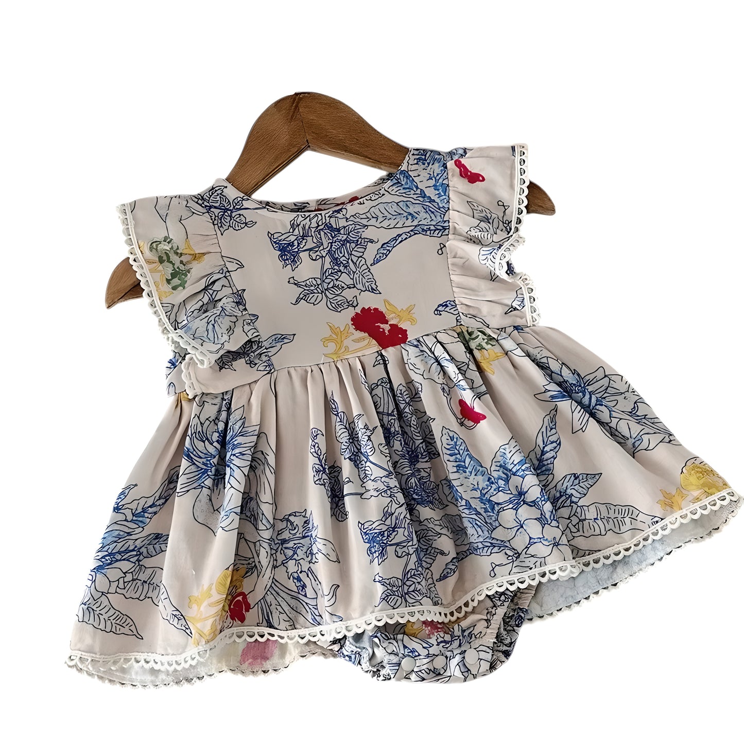Baby Girl Cotton Floral Print Short Sleeve Romper Dress
