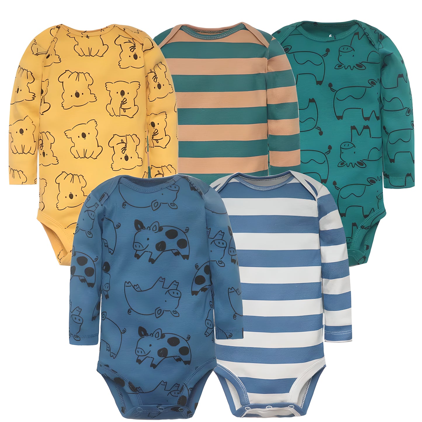 Long & Short Sleeves 5-Pack Baby Boy Onesies Cotton Animal Prints & Classic Stripes