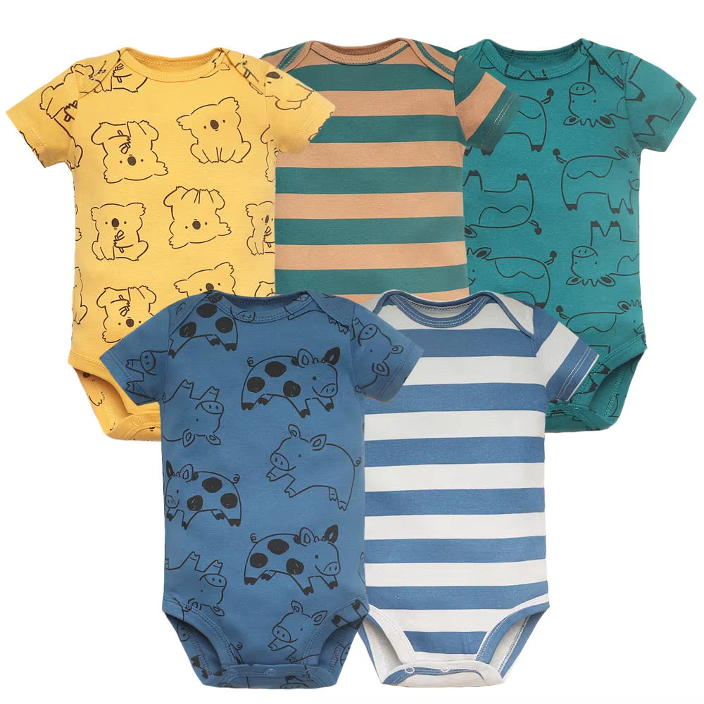 Long & Short Sleeves 5-Pack Baby Boy Onesies Cotton Animal Prints & Classic Stripes