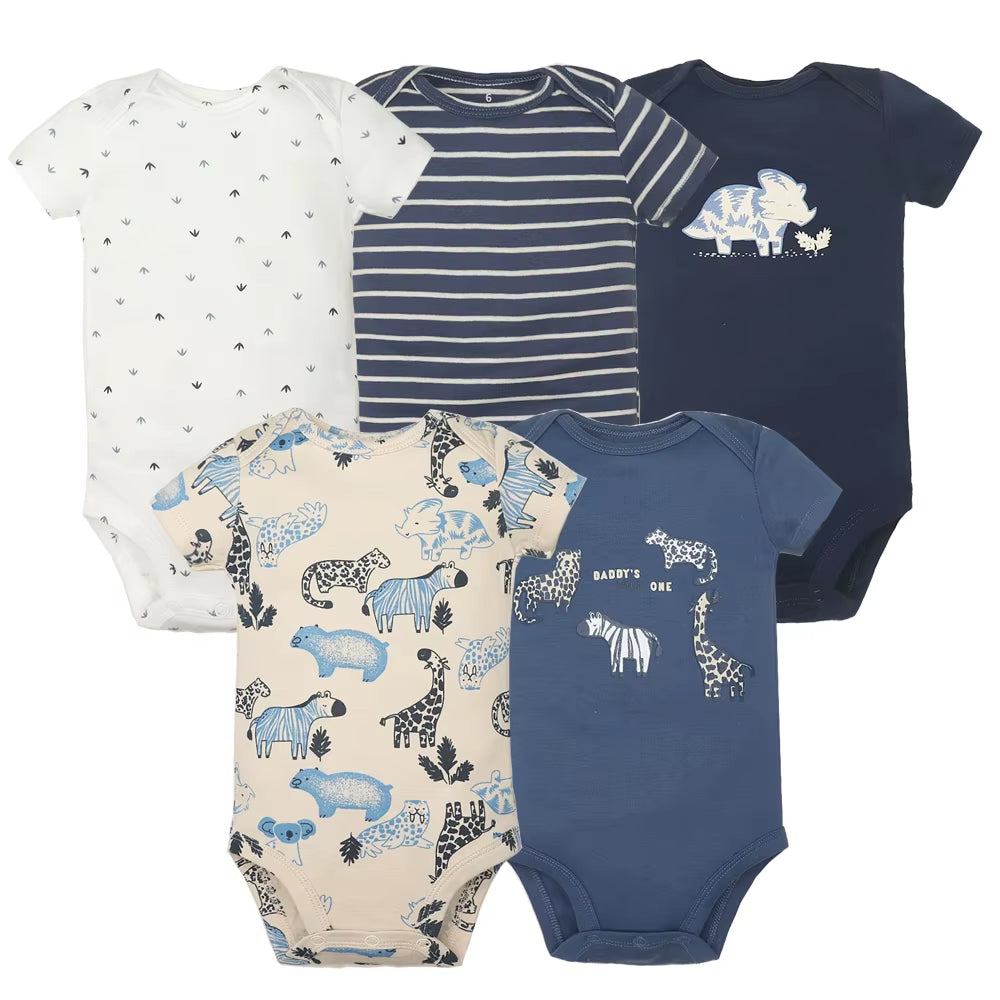 Long & Short Sleeves 5-pack bodysuits Baby Boy Onesies 100% Cotton Safari Animals