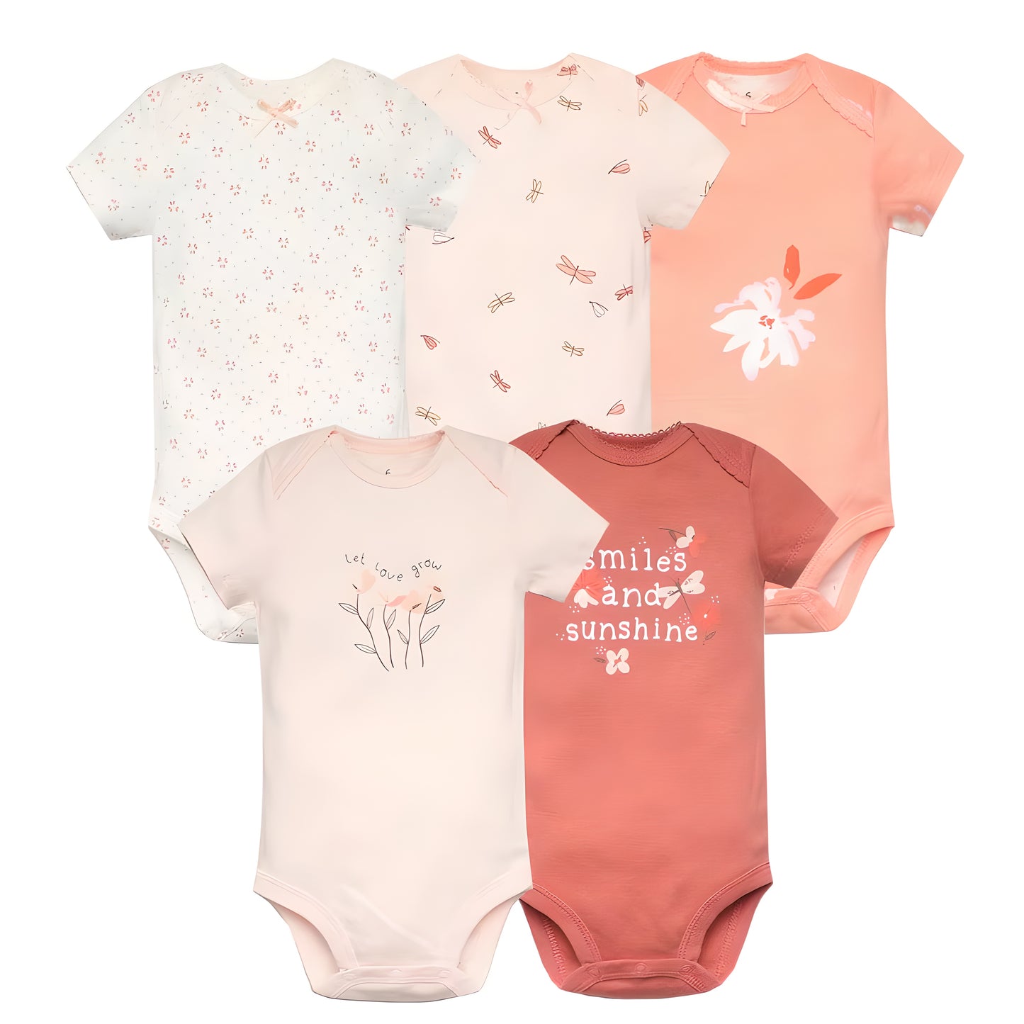 Long & Short Sleeves 5-Pack Bodysuits Baby Girl Peach Onesies 100% Cotton