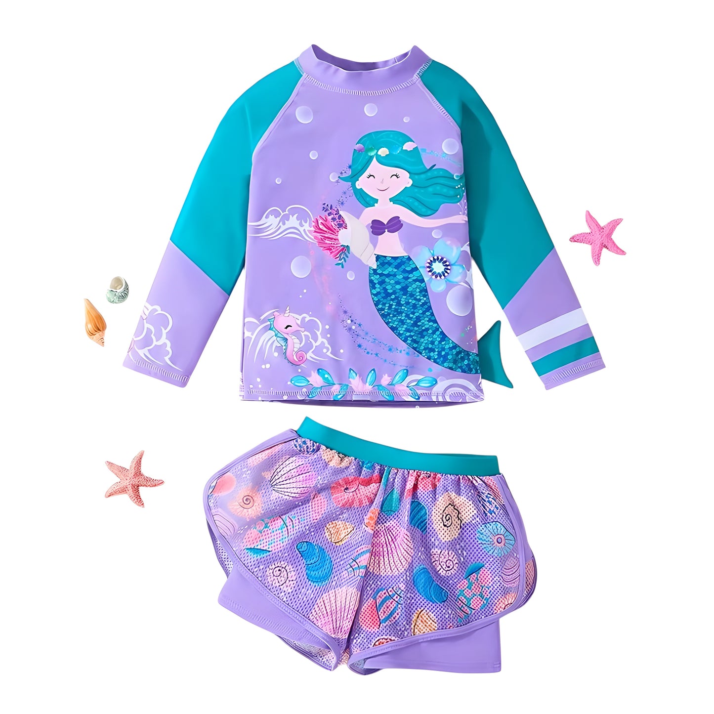 6-10Y Girls Long Sleeved Purple Swimsuit 2pcs Set