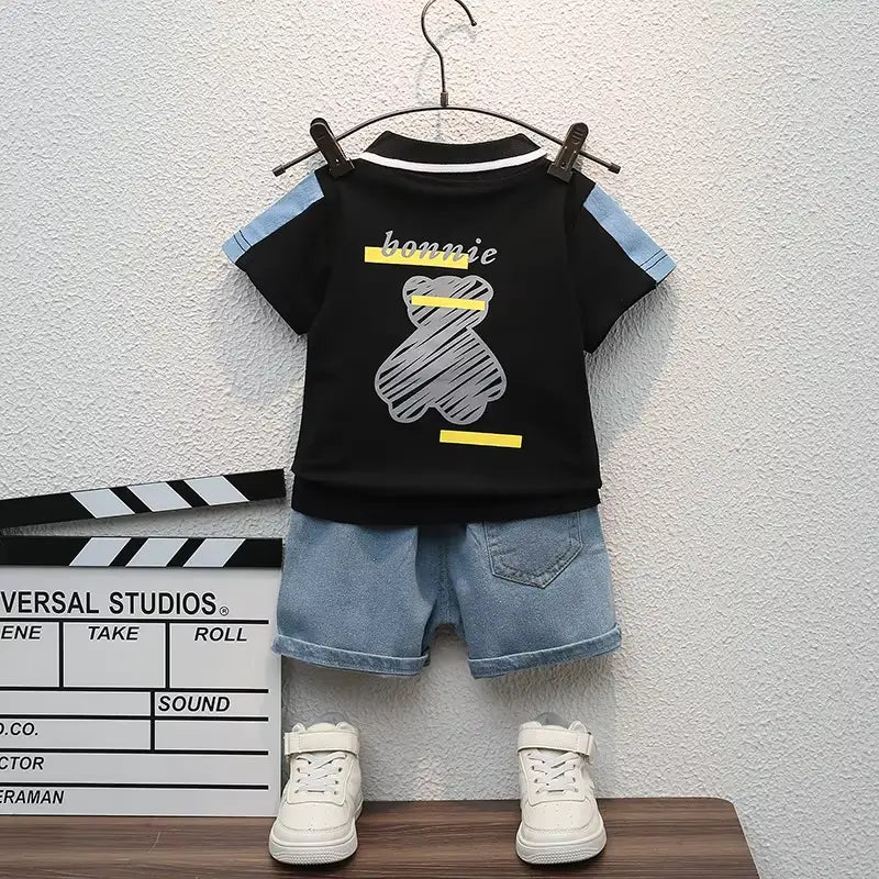 Baby Boys Casual Cartoon Polo T-Shirt With Denim Short Set