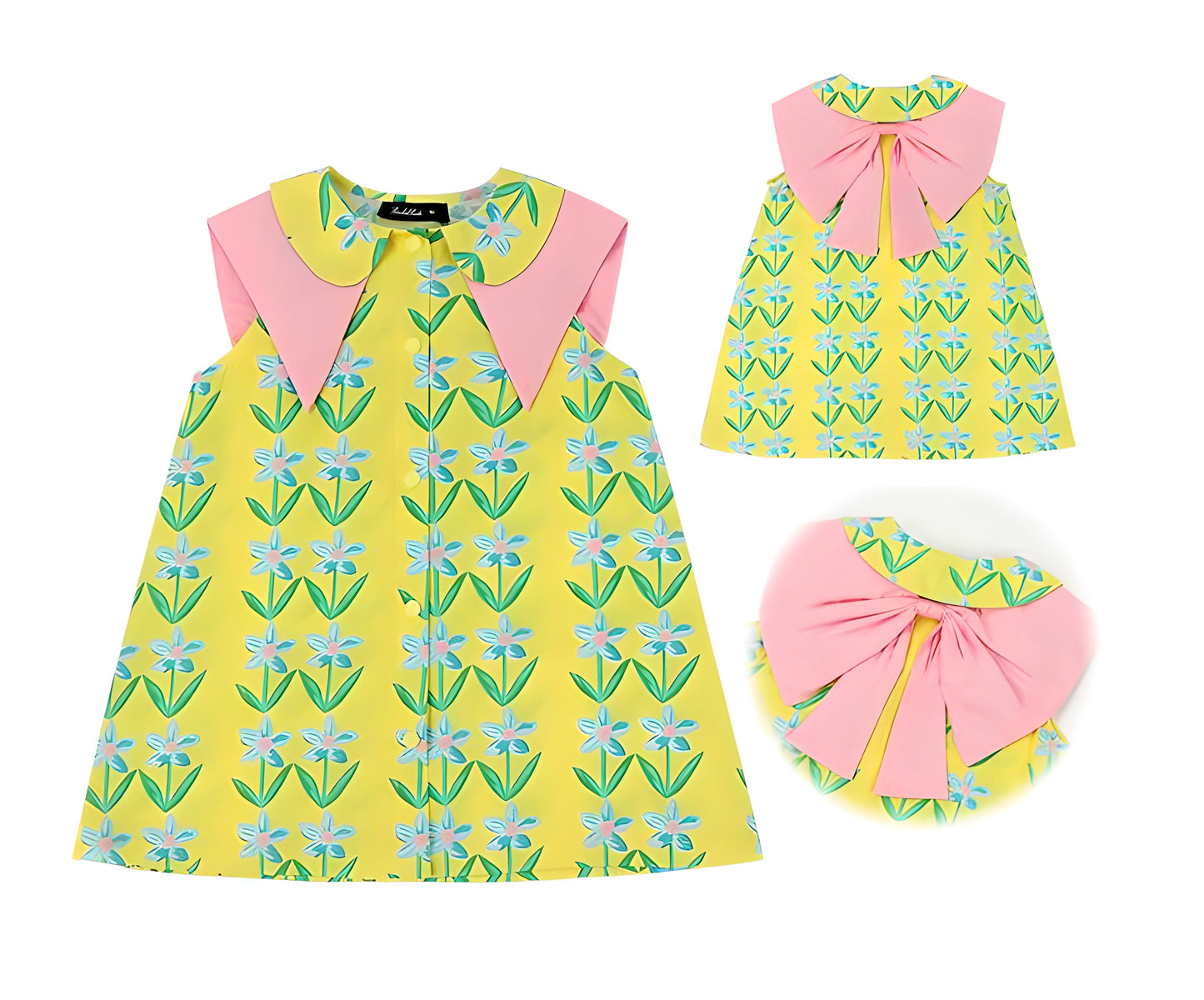 Baby Girl Posh Cute Princess Dress Style Floral Print Bowknot Doll Neck