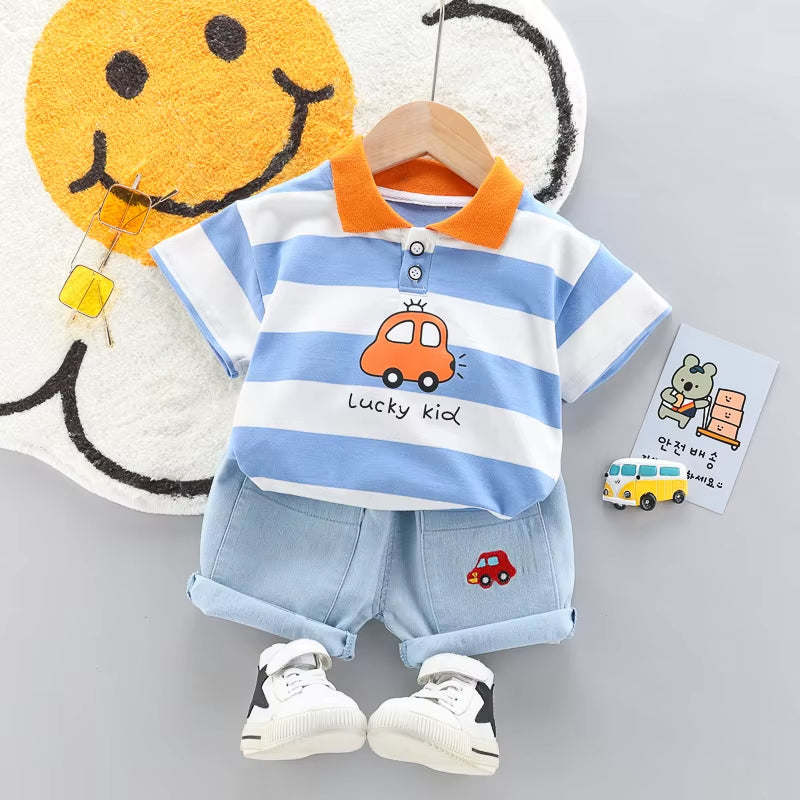 Baby boy Polo Shirt With Denim Shorts Set Lucky Kid