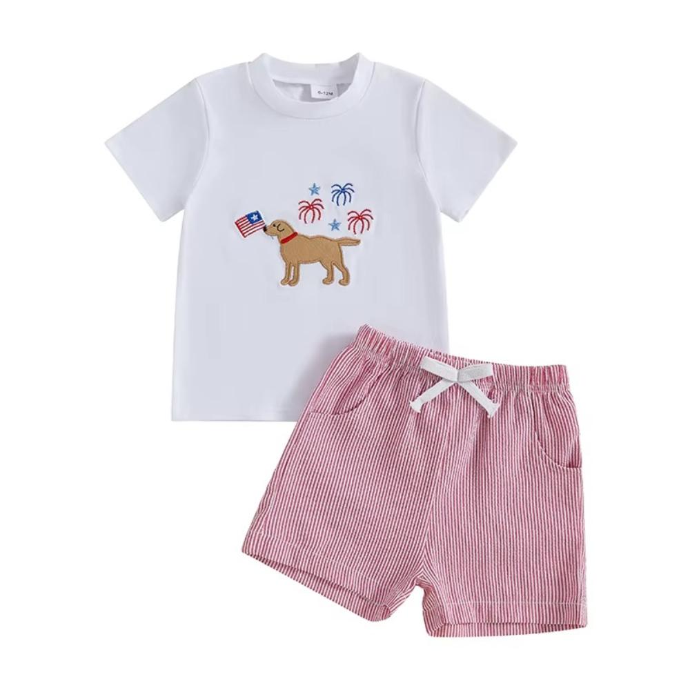 Boys Dog Embroidery Short Sleeve Shirt & Shorts Set
