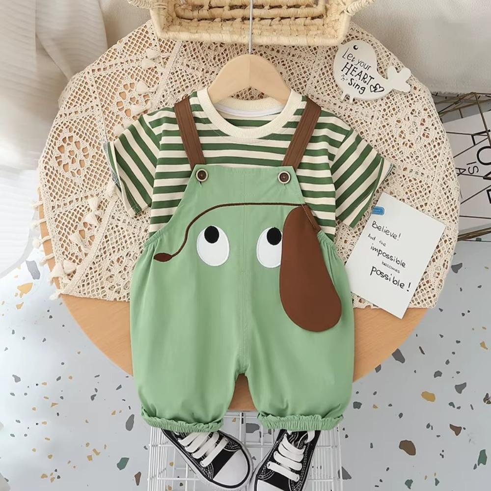 Toddler Summer Outfit Cartoon Striped T-Shirt Bib Pants Set