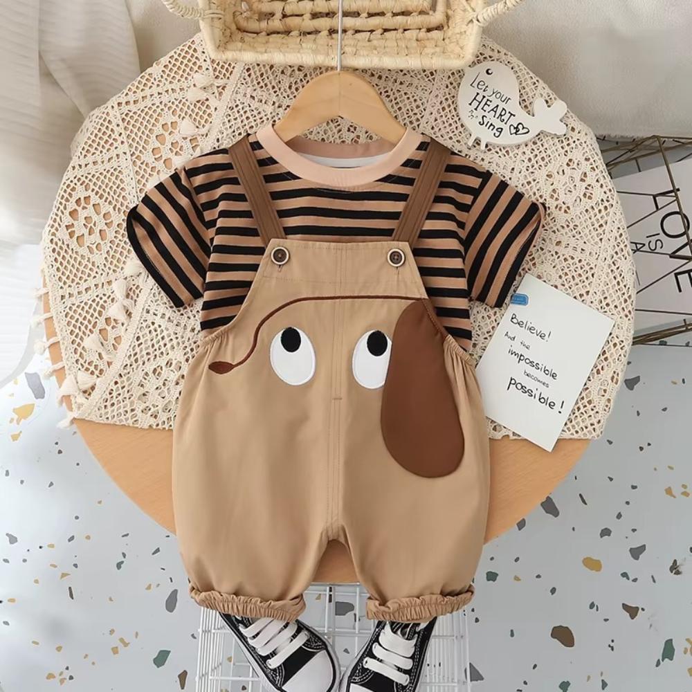 Toddler Summer Outfit Cartoon Striped T-Shirt Bib Pants Set