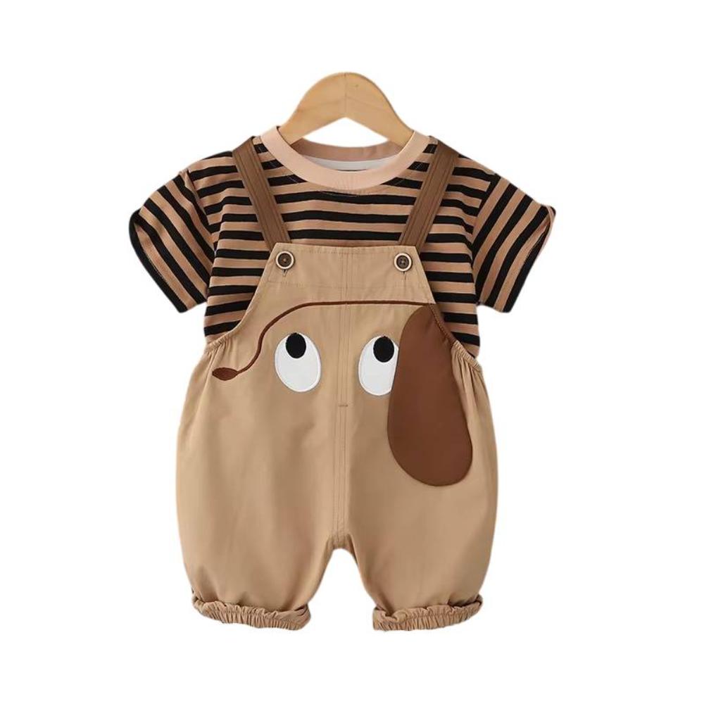 Toddler Summer Outfit Cartoon Striped T-Shirt Bib Pants Set