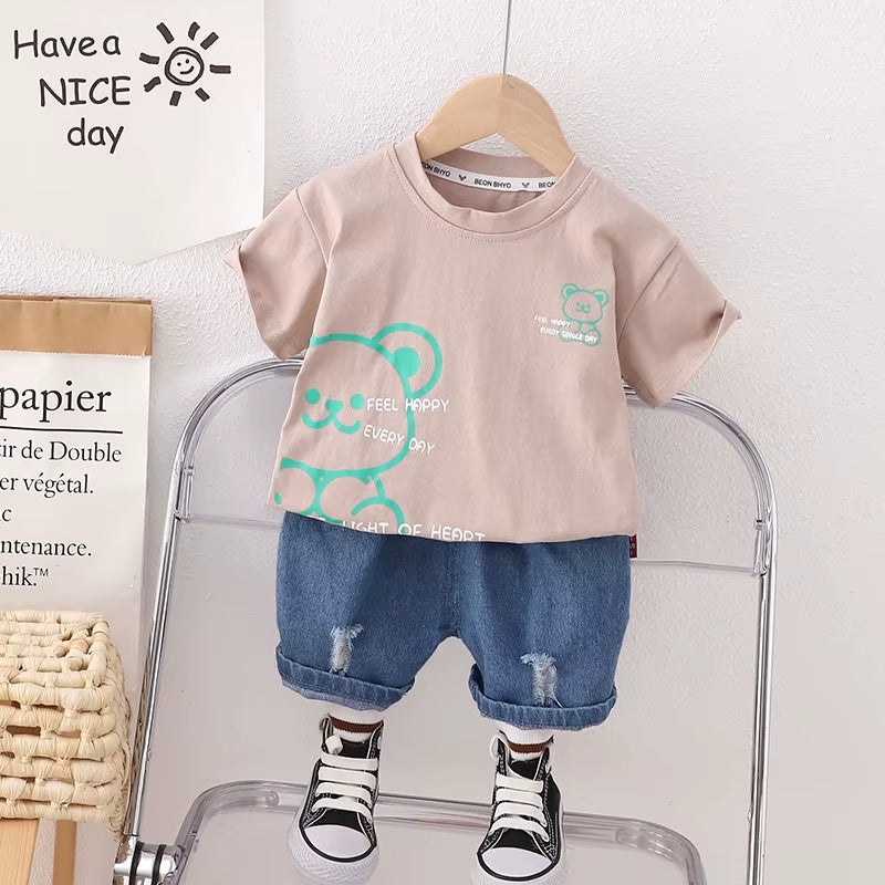 Cotton Cartoon Bear T-shirt Shorts 2Pcs/Sets Toddler Boys