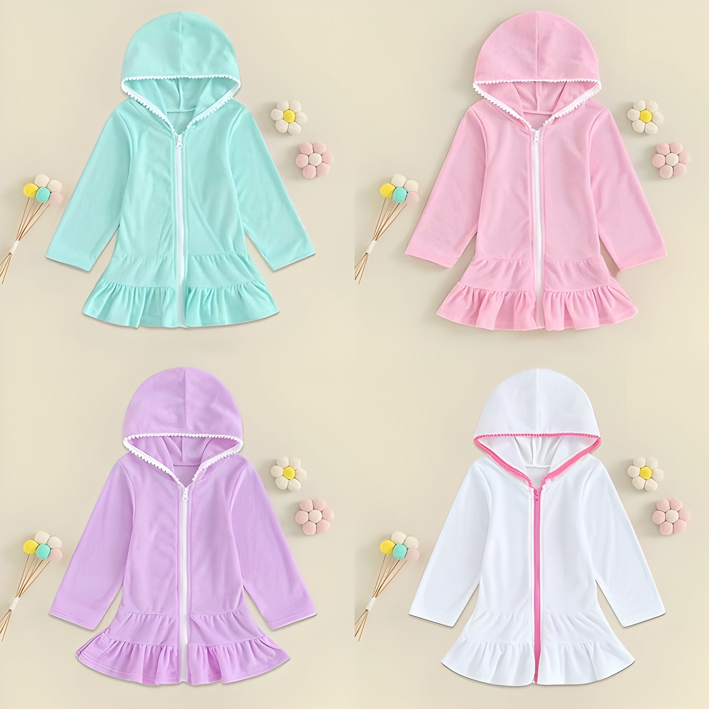 2-8Y Toddler Girl Swim Cover Up Long Sleeve Beach Dress Zip-Up Hoodie