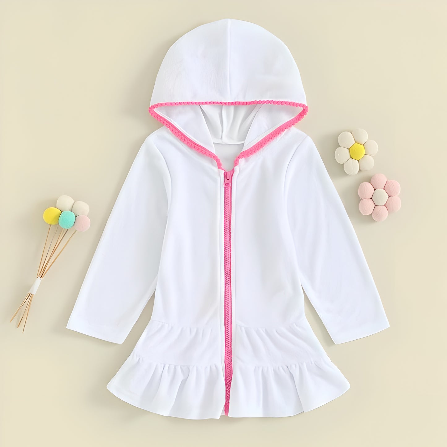 2-8Y Toddler Girl Swim Cover Up Long Sleeve Beach Dress Zip-Up Hoodie