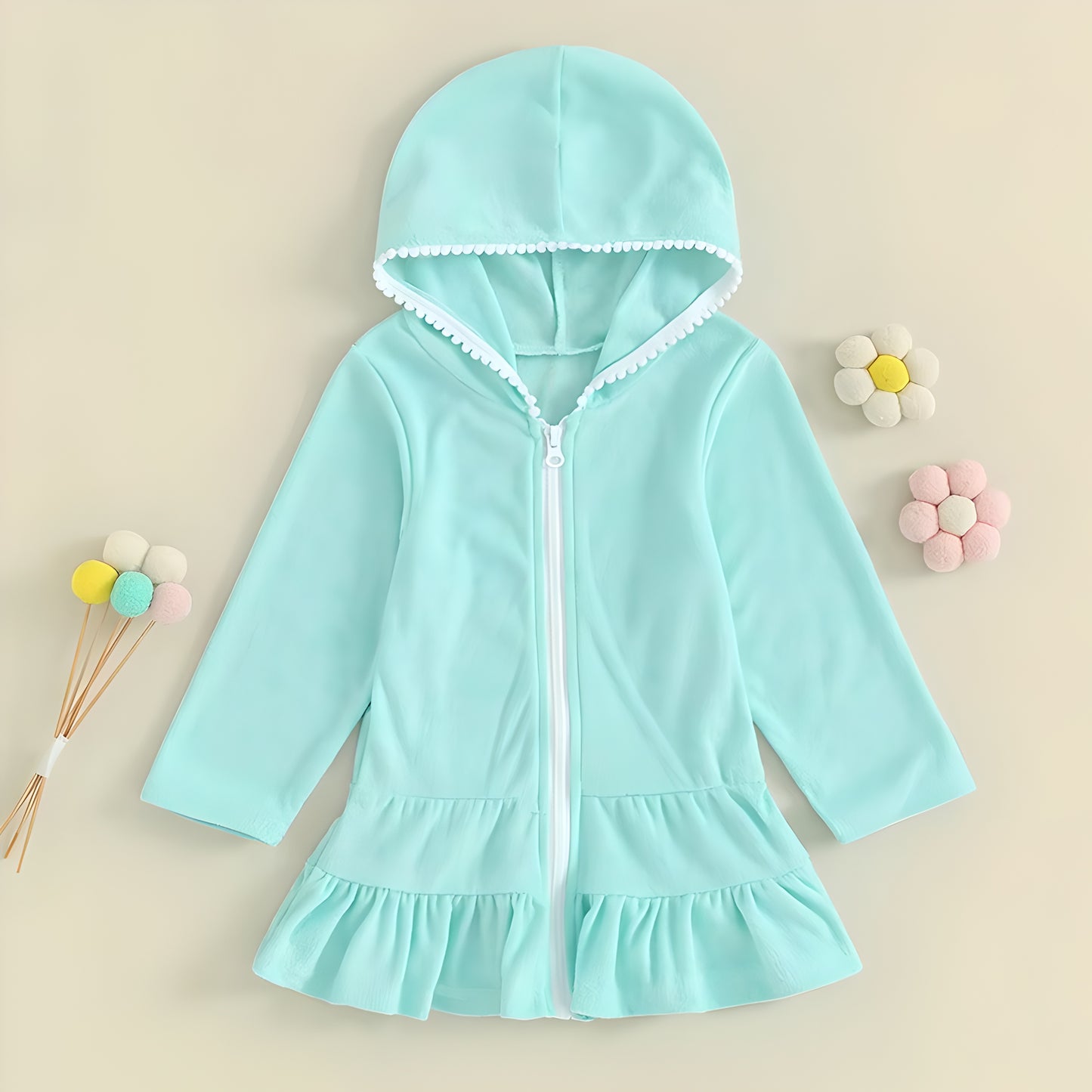2-8Y Toddler Girl Swim Cover Up Long Sleeve Beach Dress Zip-Up Hoodie