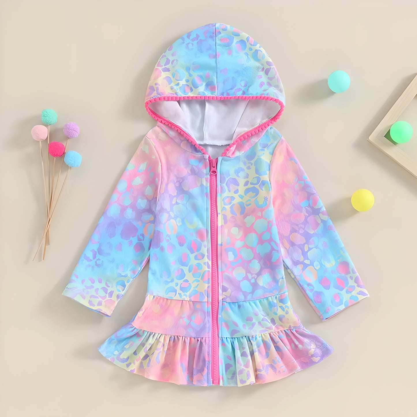 2-8Y Toddler Girl Swim Cover Up Long Sleeve Beach Dress Zip-Up Hoodie