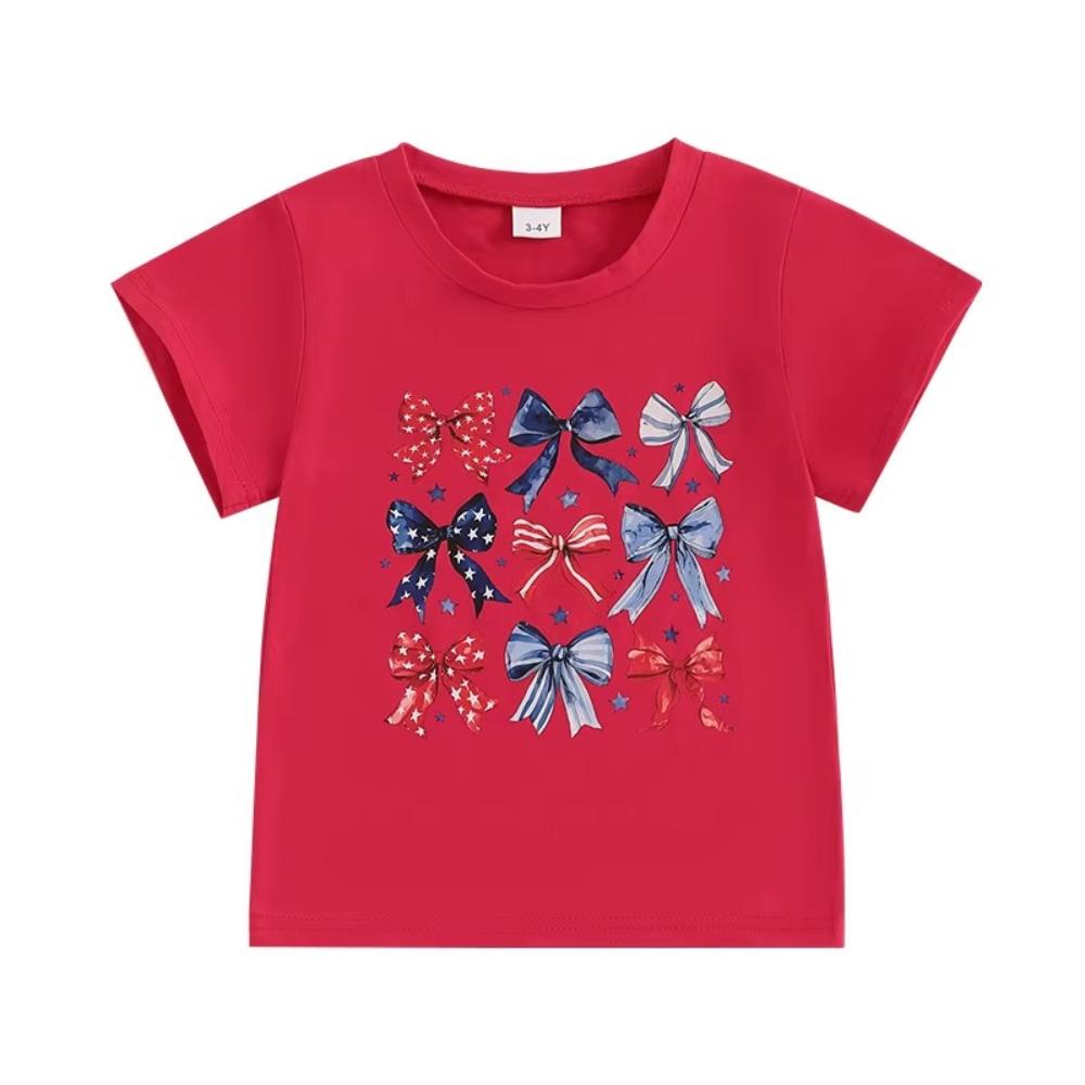 Girls 4th of July T-Shirt Bow Print Summer Top for Kids