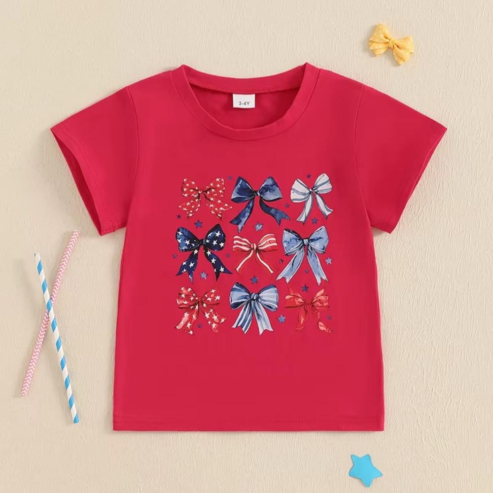 Girls 4th of July T-Shirt Bow Print Summer Top for Kids