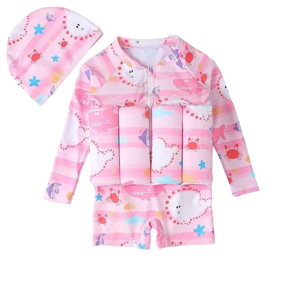 Kids Buoyancy One Piece Swimsuit with Hat for Girls and Boys