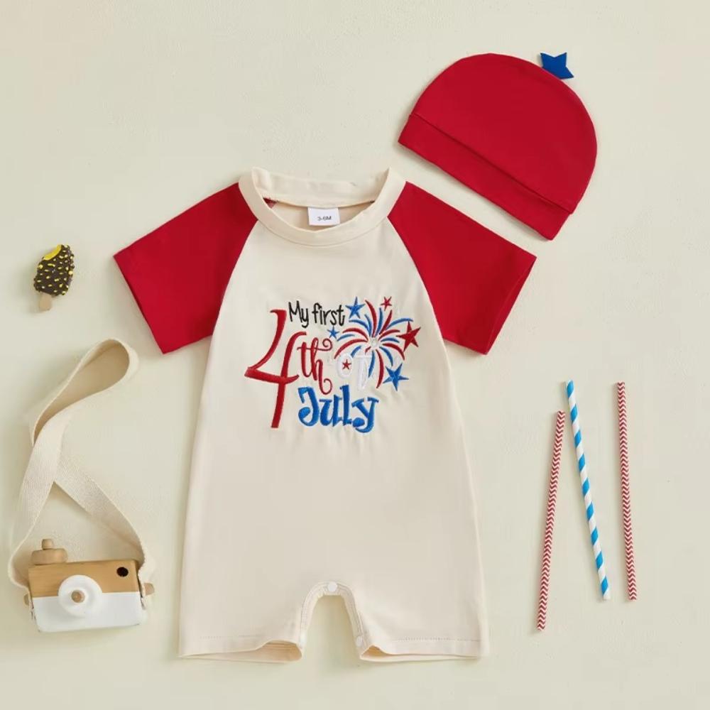 My First 4th Of July Baby Romper with Matching Hat and Fireworks Embroidery