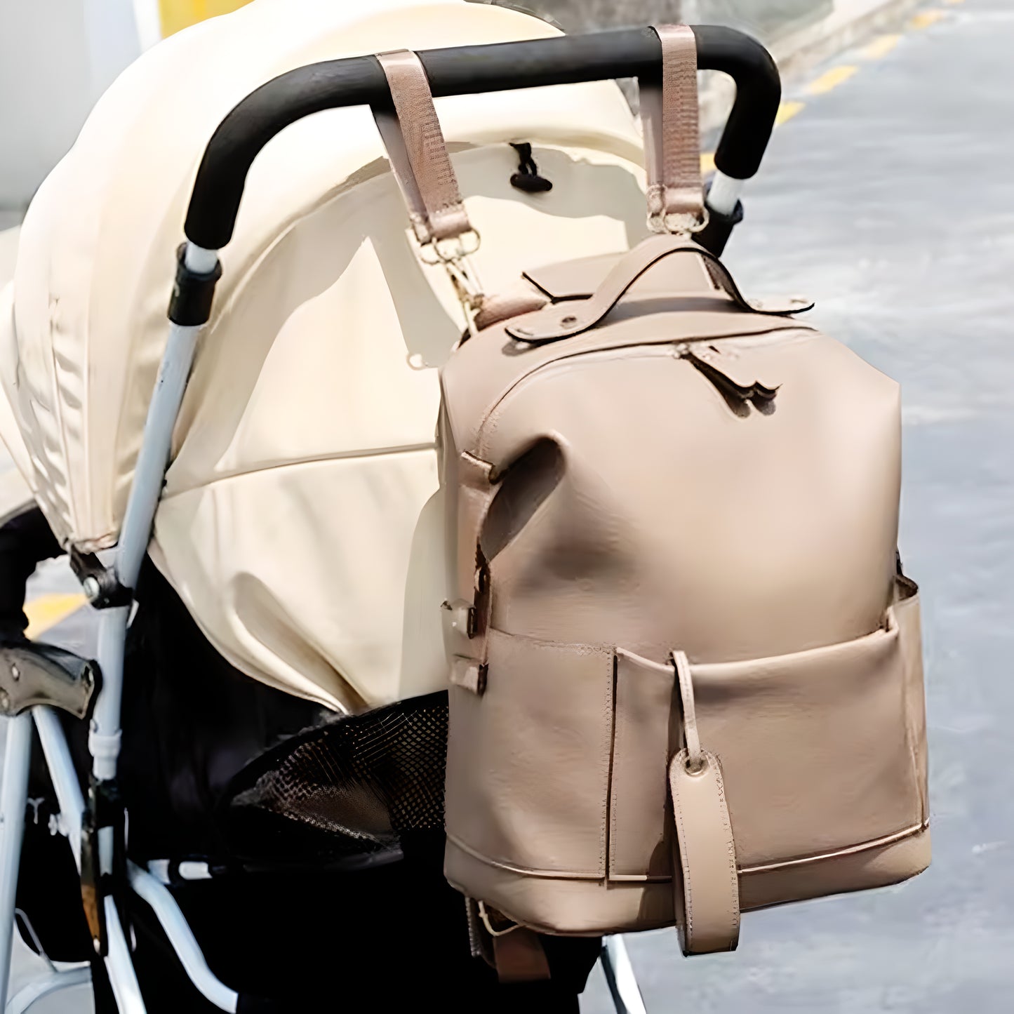 Modern PU Leather Stroller Diaper Backpack Large Capacity