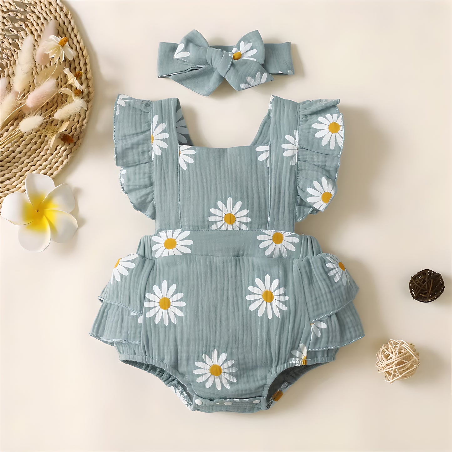 Baby Girl Romper Boho Ruffle Sleeveless Newborn Bodysuit with Headband