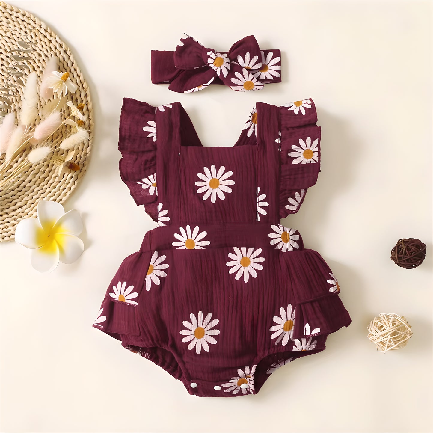 Baby Girl Romper Boho Ruffle Sleeveless Newborn Bodysuit with Headband