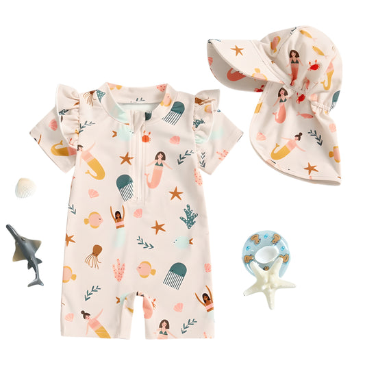0-2Y Girls Rash Guard Swimsuit Short Sleeve Mermaids Sandy Print