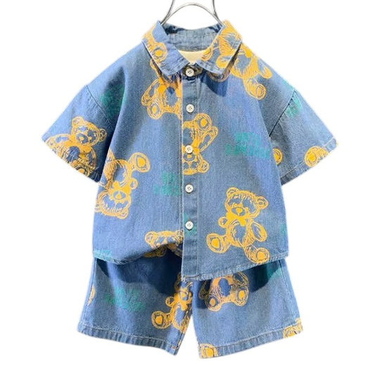 Boys Denim Sets Cartoon Bear T-Shirt Shorts