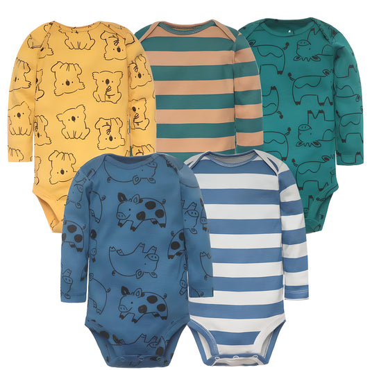 Long & Short Sleeves 5-Pack Baby Boy Onesies Cotton Animal Prints & Classic Stripes