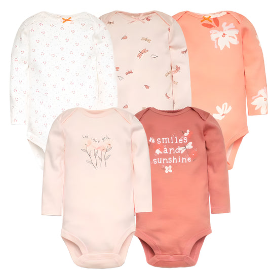 Long & Short Sleeves 5-Pack Bodysuits Baby Girl Peach Onesies 100% Cotton