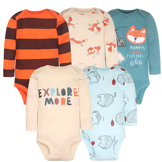 Long & Short Sleeves 5-pack bodysuits Baby Boy Onesies 100% Cotton Woodland