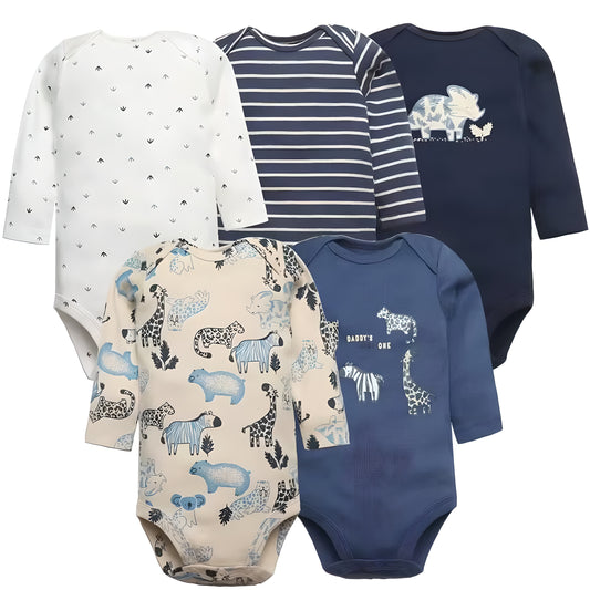 Long & Short Sleeves 5-pack bodysuits Baby Boy Onesies 100% Cotton Safari Animals