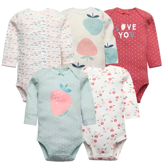 Long & Short Sleeves 5-Pack Baby Girl Onesies 100% Cotton Nature Prints