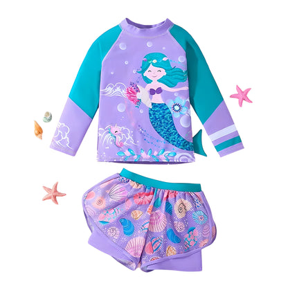 6-10Y Girls Long Sleeved Purple Swimsuit 2pcs Set