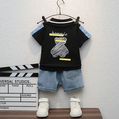 Baby Boys Casual Cartoon Polo T-Shirt With Denim Short Set