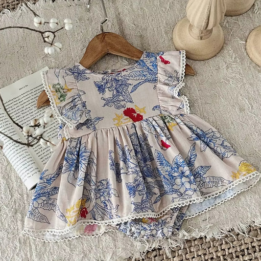 Baby Girl Cotton Floral Print Short Sleeve Romper Dress