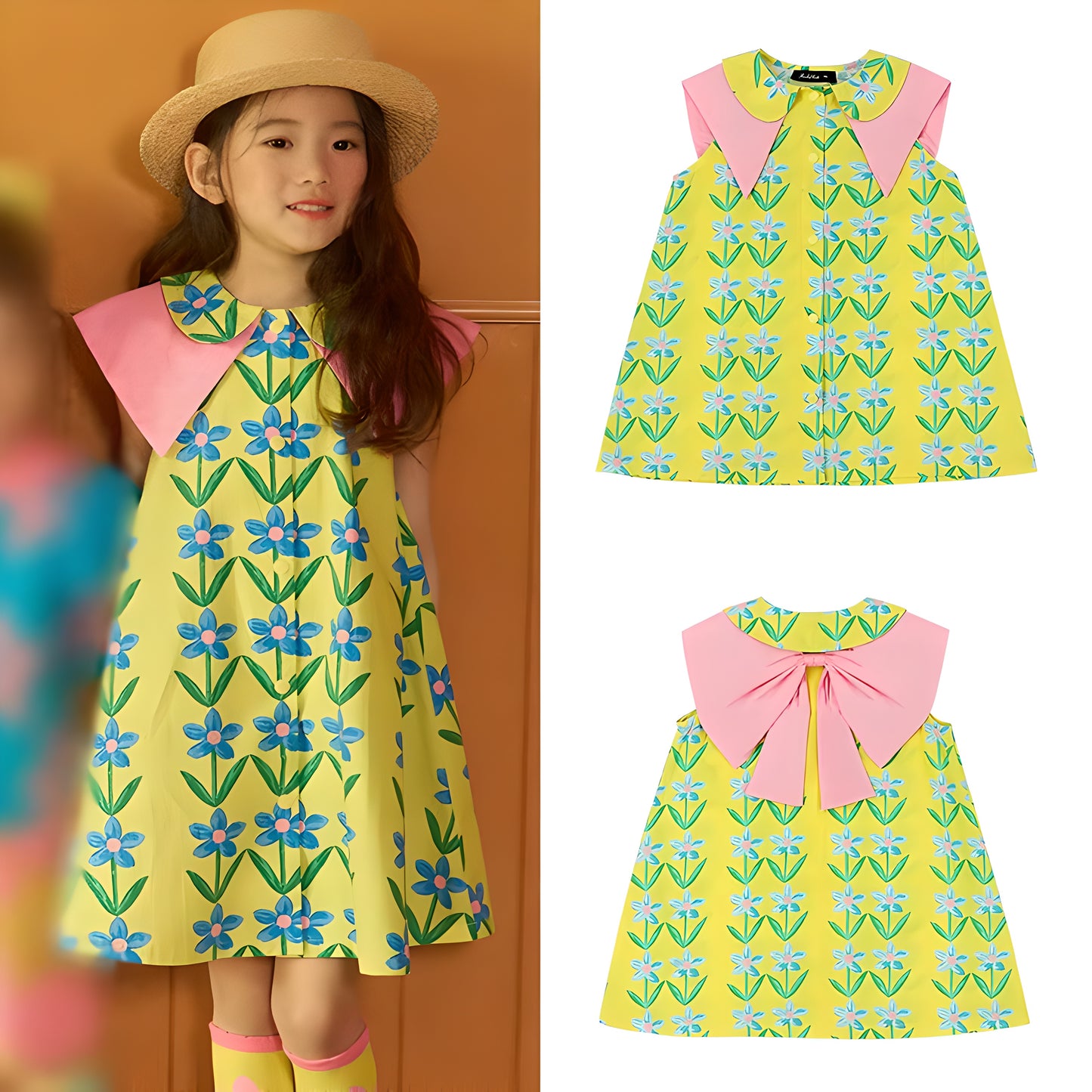 Baby Girl Posh Cute Princess Dress Style Floral Print Bowknot Doll Neck