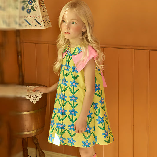 Baby Girl Posh Cute Princess Dress Style Floral Print Bowknot Doll Neck