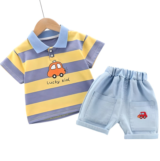 Baby boy Polo Shirt With Denim Shorts Set Lucky Kid