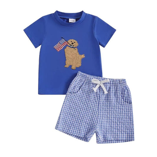 Boys Dog Embroidery Short Sleeve Shirt & Shorts Set