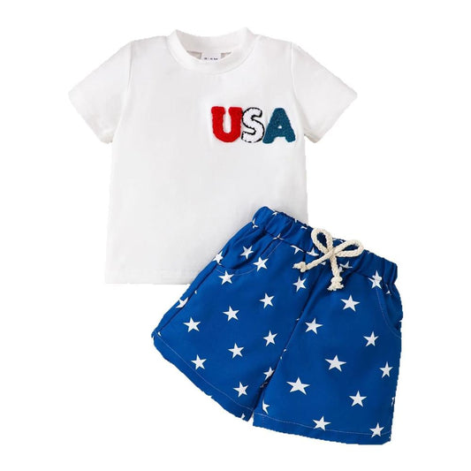 Cotton Baby Outfit Set with Flag Tee and Star Shorts