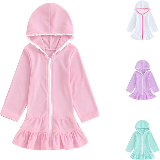 2-8Y Toddler Girl Swim Cover Up Long Sleeve Beach Dress Zip-Up Hoodie