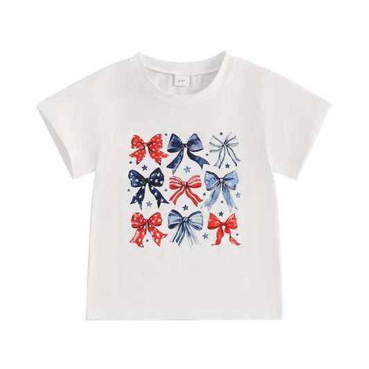 Girls 4th of July T-Shirt Bow Print Summer Top for Kids
