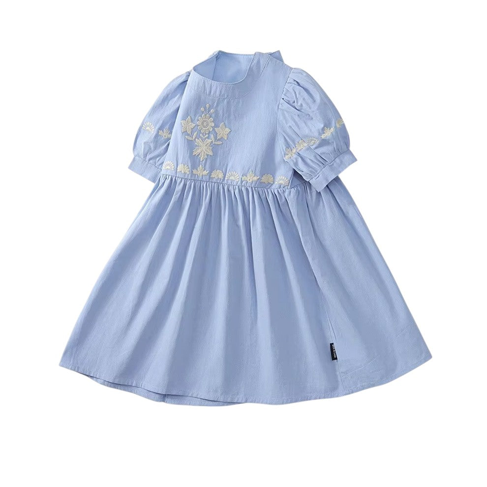 Girls Embroidered Sky Blue Short Sleeved Princess Dress