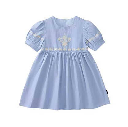 Girls Embroidered Sky Blue Short Sleeved Princess Dress