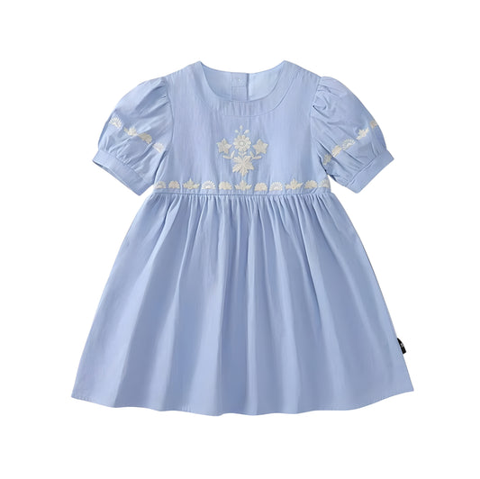 Girls Embroidered Sky Blue Short Sleeved Princess Dress