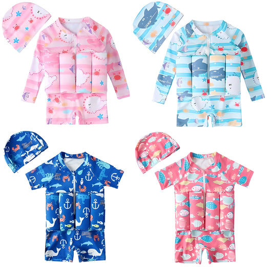 Kids Buoyancy One Piece Swimsuit with Hat for Girls and Boys