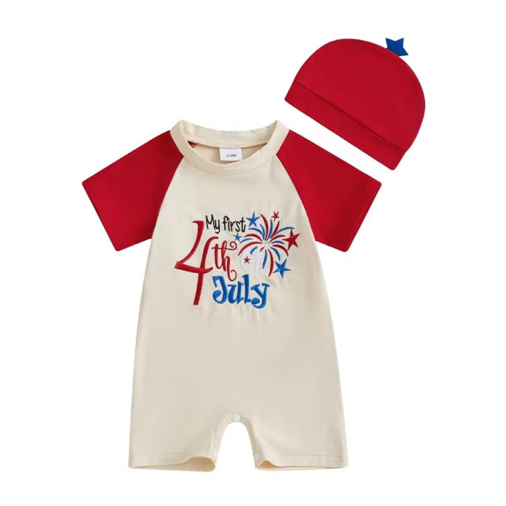 My First 4th Of July Baby Romper with Matching Hat and Fireworks Embroidery