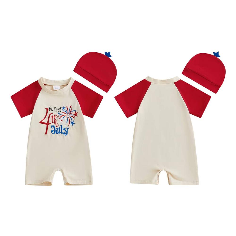 My First 4th Of July Baby Romper with Matching Hat and Fireworks Embroidery