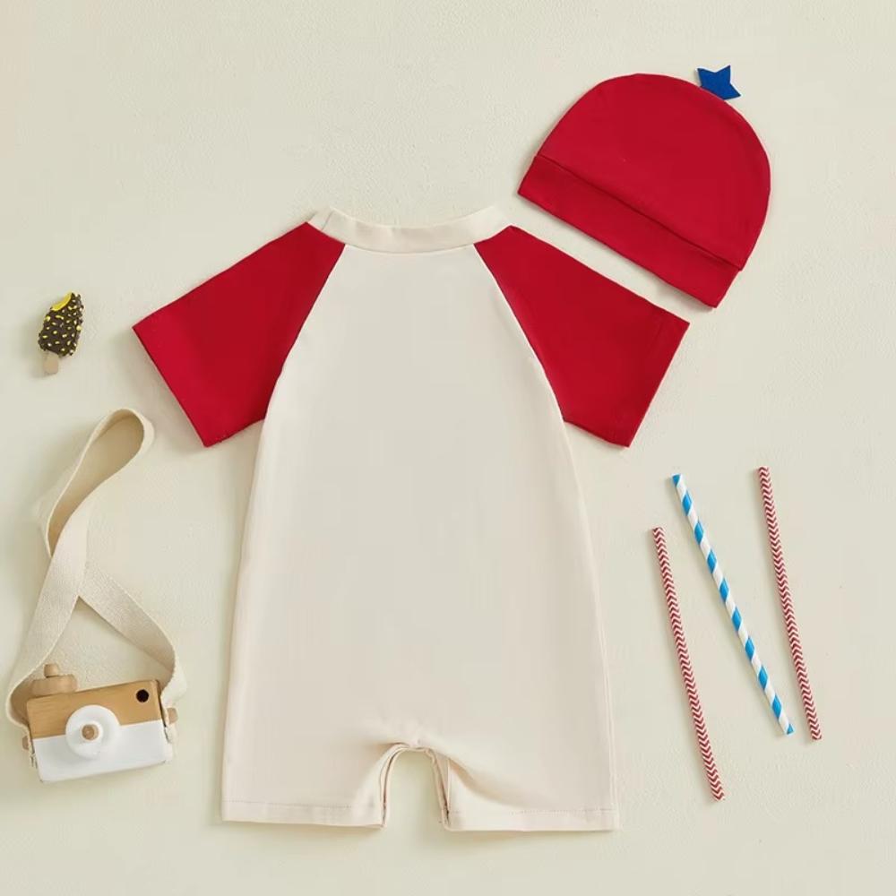 My First 4th Of July Baby Romper with Matching Hat and Fireworks Embroidery