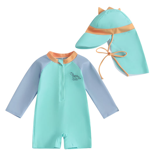 0-3Y Boys Swimsuit Dinosaur Print Long Sleeve with Hat